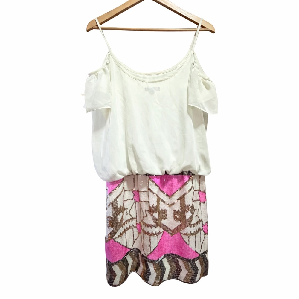 Chiffon Cold Shoulder Sequin Mini Dress White Pink & Gold Medium Cocktail Glam